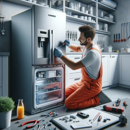 Técnico con mono naranja reparando una nevera corberó